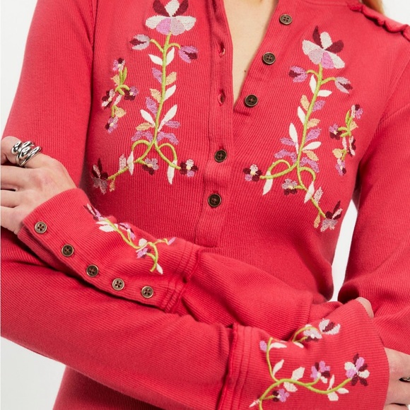 Free People Tops - FLEUR EMBROIDERED CUFF HENLEY RETRO RED